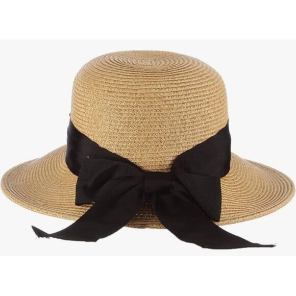 Scala Vintage Style Sun Hat With Black Ribbon Bow Handmade Paper Straw Women One - Picture 4 of 16